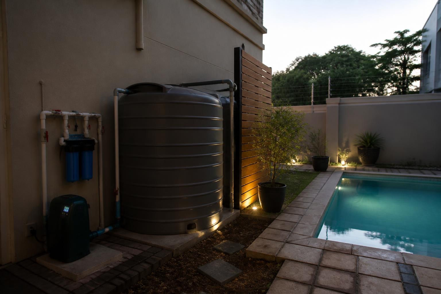 Charcoal tank and filters beside a pool at dusk