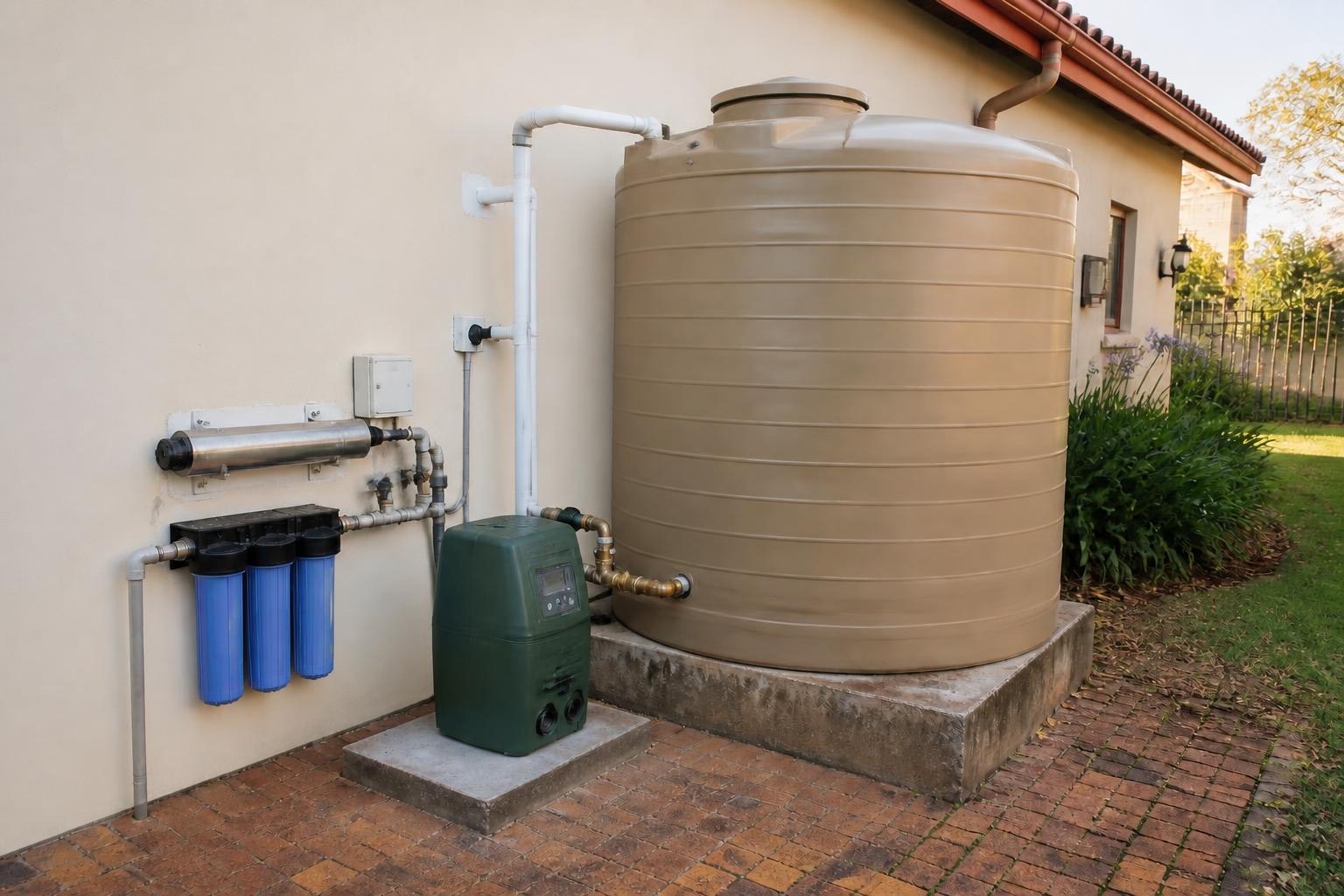 Sandstone tank with green pressure pump and blue filter housings