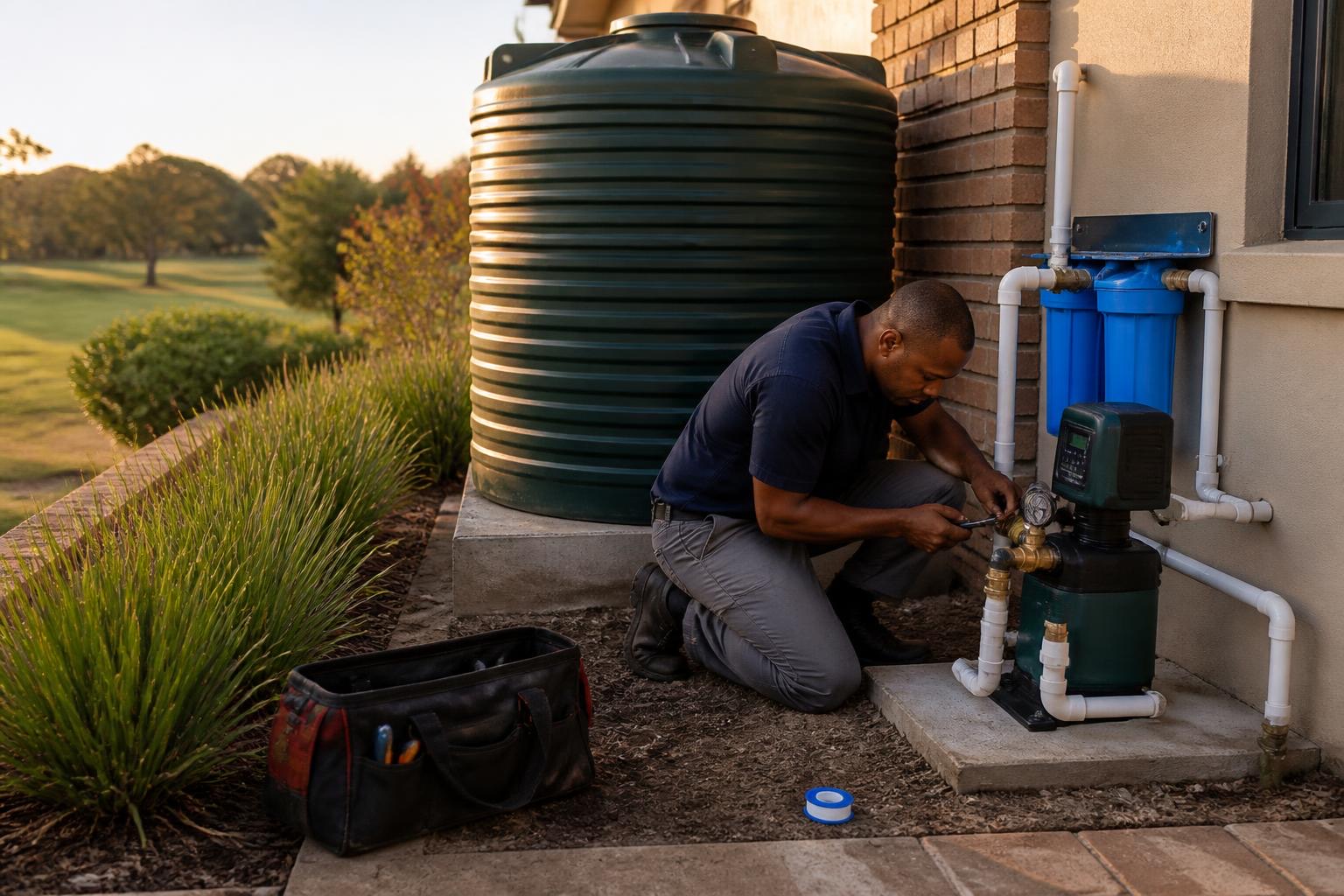 A FlowSa installer connecting the plumbing on a pressure pump beside a charcoal tank